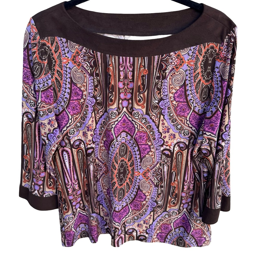 Style & Co Paisley Artsy Medallion Eclectic Boat‎ Neck Blouse Faux Suede Trim L